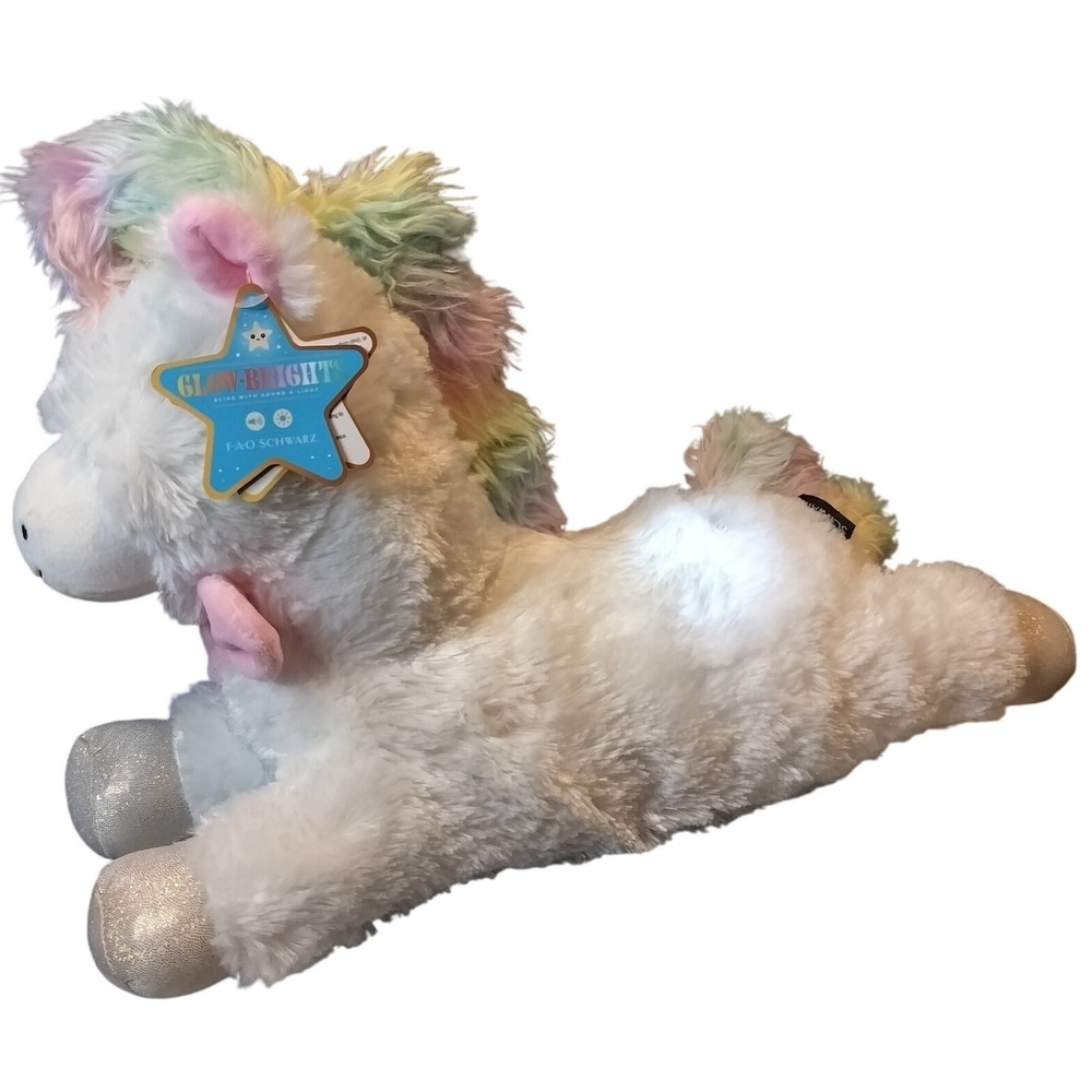 FAO Schwarz 16" Glow Brights Plush Unicorn Rainbow Mane Bow Lights Sounds NEW - Picture 7 of 9